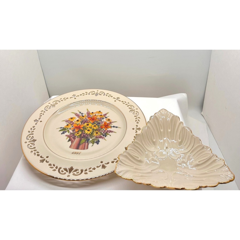 Lenox 1997 Floral Pierced Plate & Scalloped Gold Trim Bowl Set Ivory China